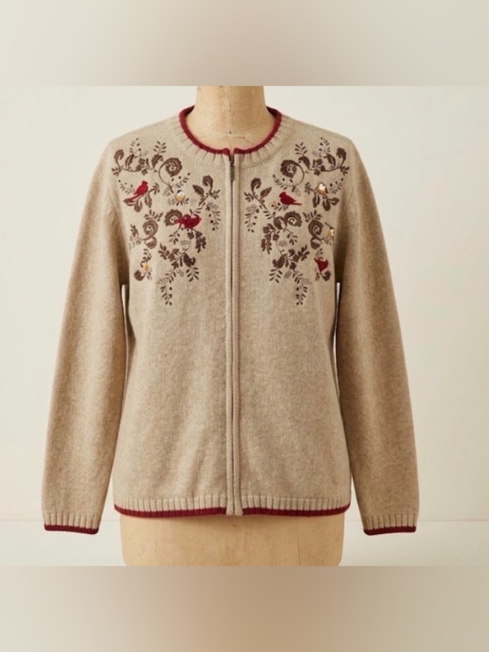 Croft & Barrow Vintage Embroidered Sweater Birds Fall Holiday Silk Blend Cozy XL